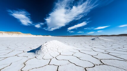 Poster - Vast White Salt Flats Stretching Across the Horizon Beneath a Brilliant Blue Sky : Generative AI