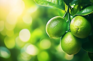 Poster - Close-up of vibrant green limes on a branch with soft sunlight filters creating a dreamy atmosphere : Generative AI