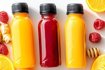 Poster - Three Bottles of Juices Displayed with Garnishes of Fresh Fruit and Honey : Generative AI