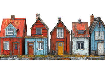 Poster - Colorful row of charming, rustic houses with varied textures and styles.