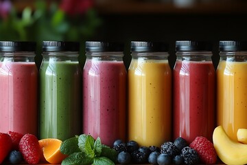 Poster - A beautiful arrangement of colorful smoothie bottles reflecting fresh fruits and vibrant colors : Generative AI
