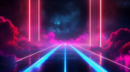 Poster - Futuristic Landscape with Neon Lights Emitting from Pillars and Colorful Clouds : Generative AI