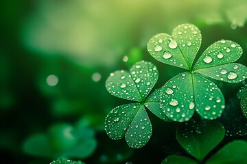 Fototapete - Beautiful Clovers Covered in Water Droplets with Soft Lighting Creating a Dreamy Green Scene : Generative AI