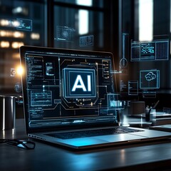 Aufkleber - Advanced AI Technology Displayed on Modern Laptop Screen Surrounded by Digital Interfaces : Generative AI