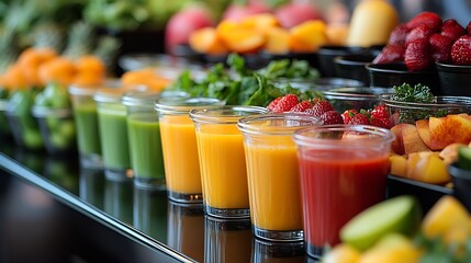 Poster - Colorful and Fresh Juice Display with Variety of Fruits and Vegetables in Clear Glasses : Generative AI