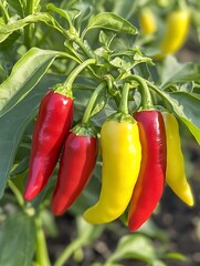 Poster - Collection of colorful chili peppers in red and yellow tones arranged artfully on a thriving plant : Generative AI
