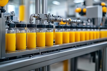 Poster - Orange Juice Bottles Filling Station on a Conveyor Belt in a Dynamic Production Environment : Generative AI