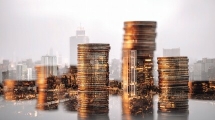 Poster - Double Exposure of City Skyline with Stacked Coins in Motion