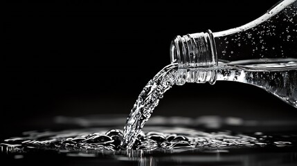 Fototapete - Captivating image of clear water flowing from a glass bottle onto a smooth surface highlighting elegant bubbles and ripples : Generative AI