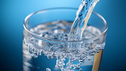 Poster - Close-up of water flowing into a glass revealing bubbles and reflections on a blue backdrop : Generative AI