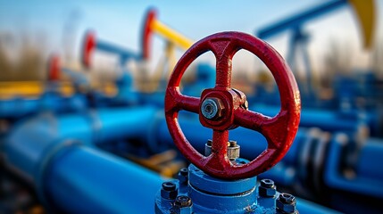 Aufkleber - Industrial Water Valve Detailed with Red Wheel and Blue Pipes in Oil Field : Generative AI