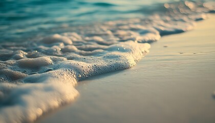Poster - Close up view of ocean waves lapping against the sandy shore creating bubbles and a peaceful seaside scene : Generative AI