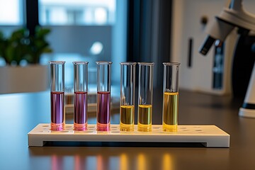 Poster - Five test tubes filled with colorful solutions displaying intricate mixtures of liquids in a lab setting : Generative AI