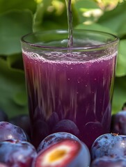 Poster - Pouring Fresh Plum Juice into a Glass Surrounded by Juicy Plums under Lush Green Leaves : Generative AI