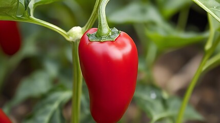 Aufkleber - Ripe and Succulent Red Chili Pepper Hanging from the Plant Ready for Harvest : Generative AI