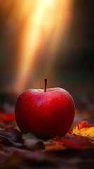 Poster - Vibrant red apple surrounded by colorful autumn leaves with sunlight peeking through in a natural environment : Generative AI