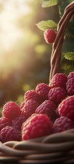 Poster - A woven basket brimming with fresh raspberries caught in the soft golden light of a peaceful garden setting : Generative AI