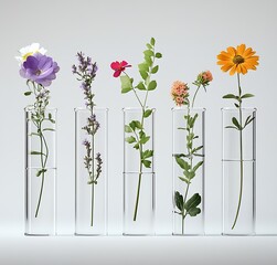 Poster - Charming display of various flowers in clear test tubes emphasizing vibrant colors and forms : Generative AI