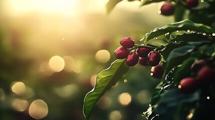 Poster - Coffee cherries hanging on a branch with bright sunlight creating a serene atmosphere in a coffee field : Generative AI