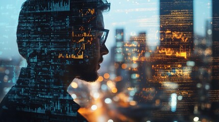 Poster - Close Up of Financial Advisor Analyzing Charts in Modern Cityscape