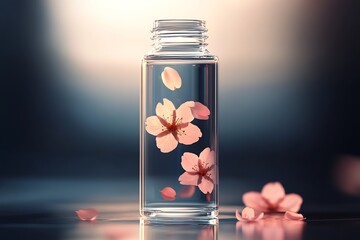 Poster - Charming pink cherry blossom petals beautifully arranged in a glass bottle adding elegance to any decor : Generative AI