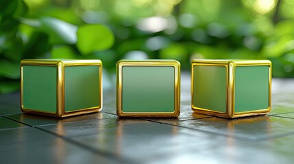 Poster - Green Gold Cubes Mockup: Elegant Product Showcase on Nature Background