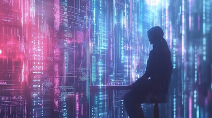 Poster - Businesspeople Silhouettes Collaborating in a Backlit Modern Workspace