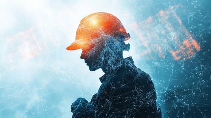Poster - Double Exposure Engineer with Hard Hat Silhouette and Digital Overlay