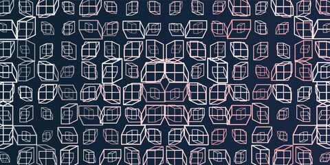 Poster - A vibrant abstract pattern of repeating 3D cubes in purple, grey and white on a dark blue background. The bold geometric design and contrasting colors create a striking modern visual.
