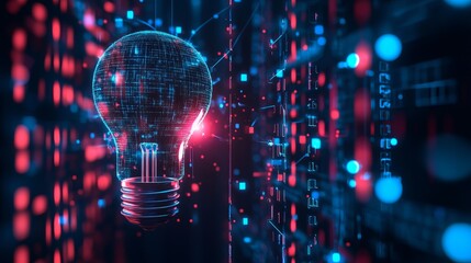 Glowing lightbulb with digital network and binary code in blue and red tones futuristic design