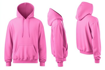 Poster - Bright pink hoodie displayed from multiple angles highlighting design and features for casual wear