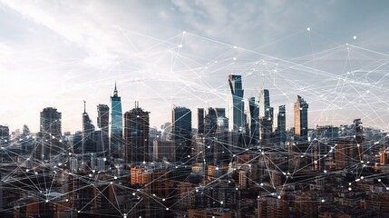 Poster - Abstract City Architecture Collage with Digital Network Elements