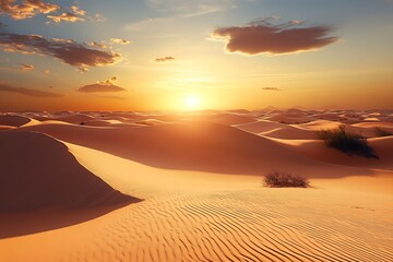 Poster - Beautiful desert landscape at sunset with golden dunes and a soft glowing sky reflecting warmth and serenity : Generative AI