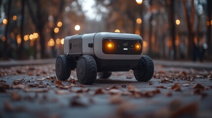 Leinwandbilder - A robotic delivery vehicle moves through a city park covered in orange and brown autumn leaves during early evening. Its sensors light up as it navigates the path.
