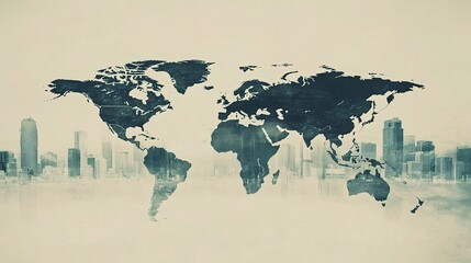 Poster - Double Exposure of a Global World Map with Urban Skyline Background