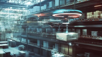Poster - Futuristic Drone Delivery in a High-Tech Logistics Warehouse