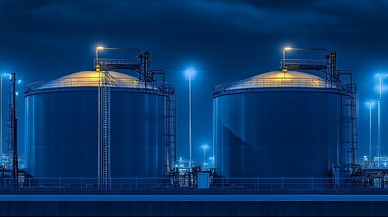 Poster - Illuminated industrial storage tanks at nighttime highlighting energy and resource infrastructure : Generative AI