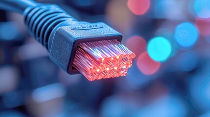 Poster - High-Speed Fiber Optic Cable Connection: Close-up view of a fiber optic cable connector with glowing red and blue fibers in a blurred background.  