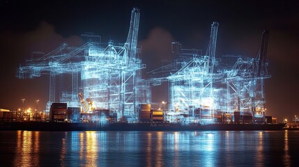 Poster - Digital Holograph of Cargo Port Cranes at Night