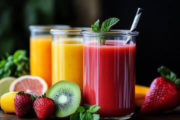 Aufkleber - Three Glasses of Fresh Juices Including Strawberry, Mango, and Orange with Bright Fresh Fruit Around : Generative AI