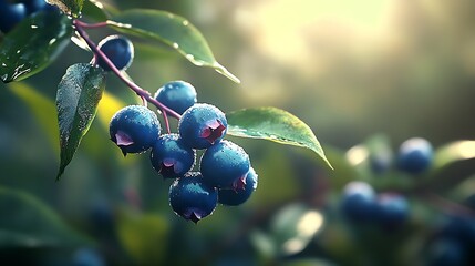 Poster - Fresh blueberries glistening with morning dew in a lush green garden setting : Generative AI