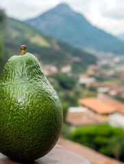 Aufkleber - A vibrant avocado stands in focus with a beautiful mountain landscape blurred in the background during a cloudy day : Generative AI