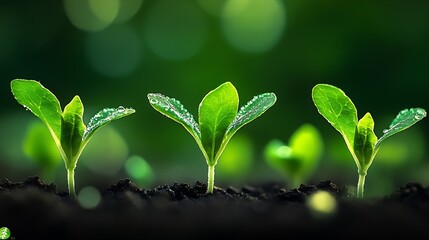 Poster - lush green seedlings sprouting from dark earth with glimmering dew drops in a peaceful garden atmosp