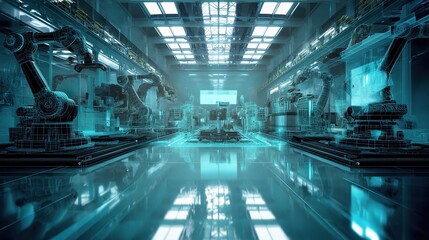 Poster - Futuristic Factory Concept Featuring 3D Holograms and Robotics
