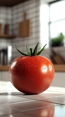 Poster - Bright and juicy tomato showcasing droplets of water on a clean kitchen countertop with modern decor : Generative AI