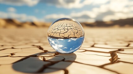 Poster - Mesmerizing glass sphere on parched earth reflecting clouds and sunlight in the dry landscape : Generative AI