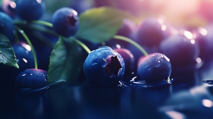Poster - Close-up view of blueberries resting on a reflective surface highlighting their freshness and water droplets : Generative AI