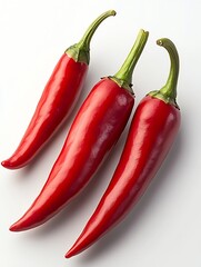 Aufkleber - Three fresh red chili peppers displayed elegantly against a simple white background emphasizing their texture and shape : Generative AI