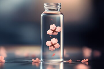 Poster - A captivating display of cherry blossom petals suspended in a glass bottle creating a tranquil ambiance : Generative AI