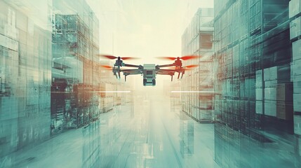 Poster - Futuristic Drone Flying Through Logistics Warehouse with Double Exposure